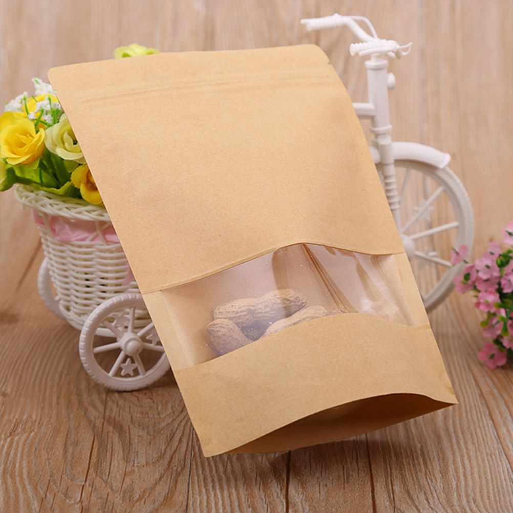Food Snacks Packaging - ถุงกระดาษคราฟท์แบบมีซิปปิดผนึกพร้อมหน้าต่าง 50 ชิ้น สำหรับบรรจุอาหารแบบใช้ซ้ำได้ เหมาะสำหรับคุกกี้ ชา