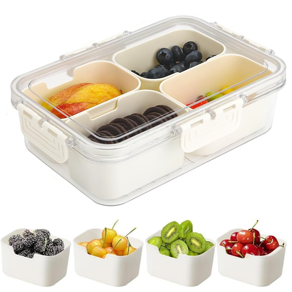 Food Snacks Packaging - กล่องเก็บอาหารแบบพกพา, กล่องเก็บขนม, 4 ช่องพร้อมฝาปิด, ถาดแยกสำหรับเสิร์ฟ, กล่องขนมสำหรับครัว,