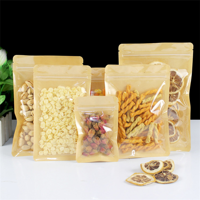 Food Like Snacks - สีน้ําตาลด้านข้างพลาสติกใส Resealable หน้าต่างกระดาษคราฟท์แบนด้านล่างซิปล็อคกระเป๋าขนมขบเคี้ยวกาแฟชาหอมของขวัญกระเป๋า